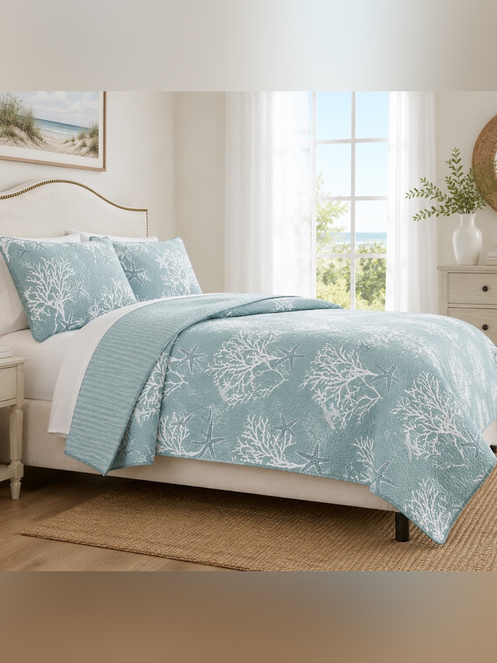 Linery King Coral Starfish Reversible Quilt Set Ether Blue 3 Piece New